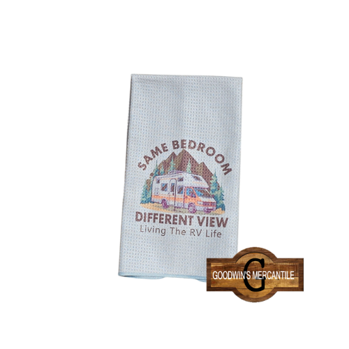 RV SAME BED DIFFERENT VIEW PRINTED TEA TOWEL