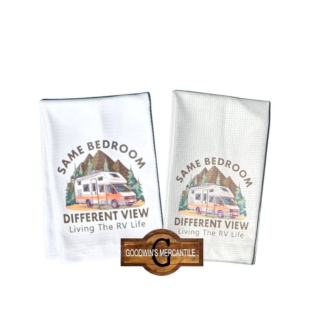 RV SAME BED DIFFERENT VIEW PRINTED TEA TOWEL