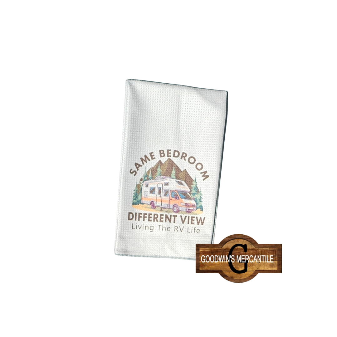 RV SAME BED DIFFERENT VIEW PRINTED TEA TOWEL