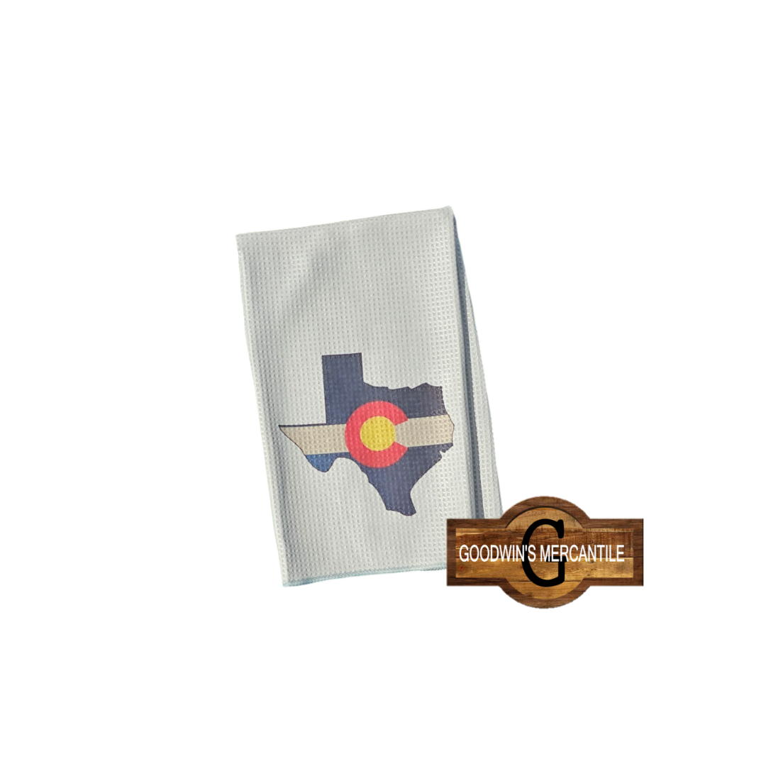TEXAS SHAPE COLORADO FLAG BLENDED PRINTED TEA TOWEL