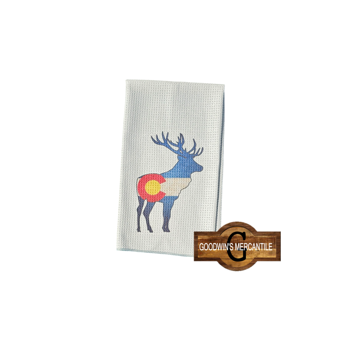 COLORADO FLAG BLENDED WITH ELK PRINTED TEA TOWEL