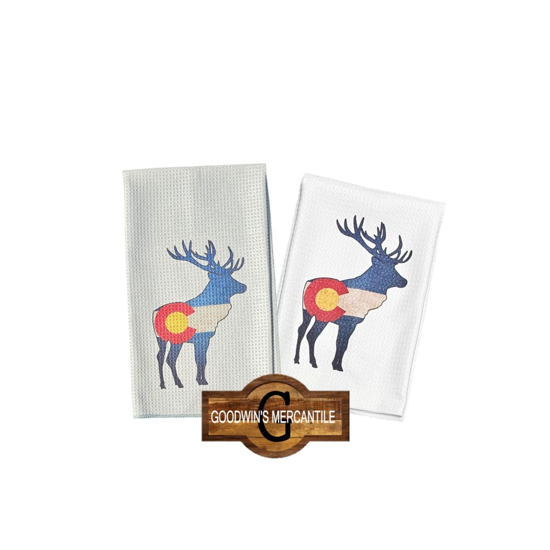 COLORADO FLAG BLENDED WITH ELK PRINTED TEA TOWEL