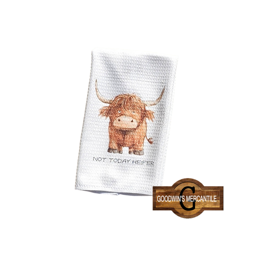 NOT TODAY HEIFER SASSY HIGHLAND COW PRINTED TEA TOWEL
