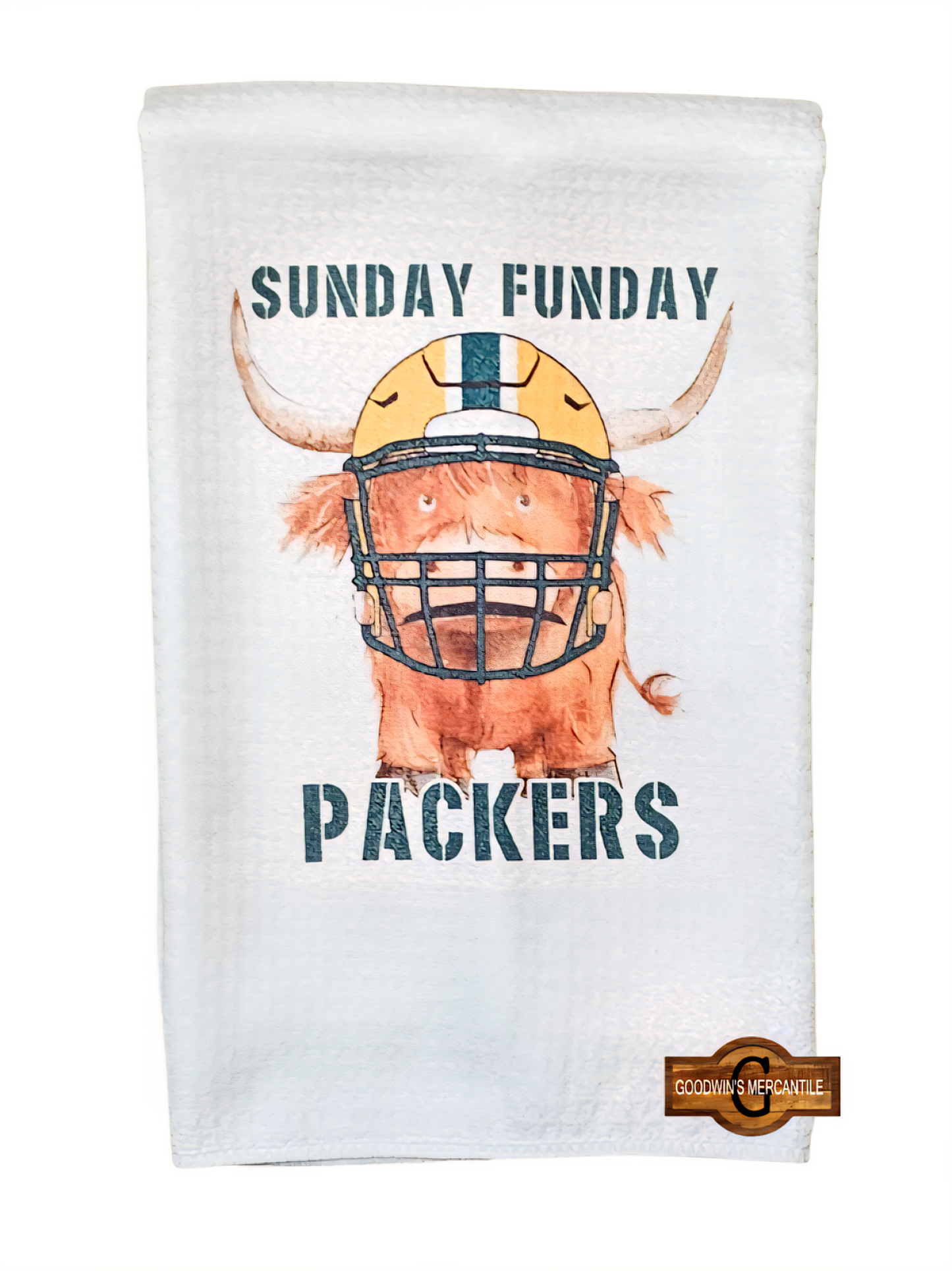 SUNDAY FUNDAY BRONCO OR OTHER TEAM HIGHLAND COW TEA TOWEL