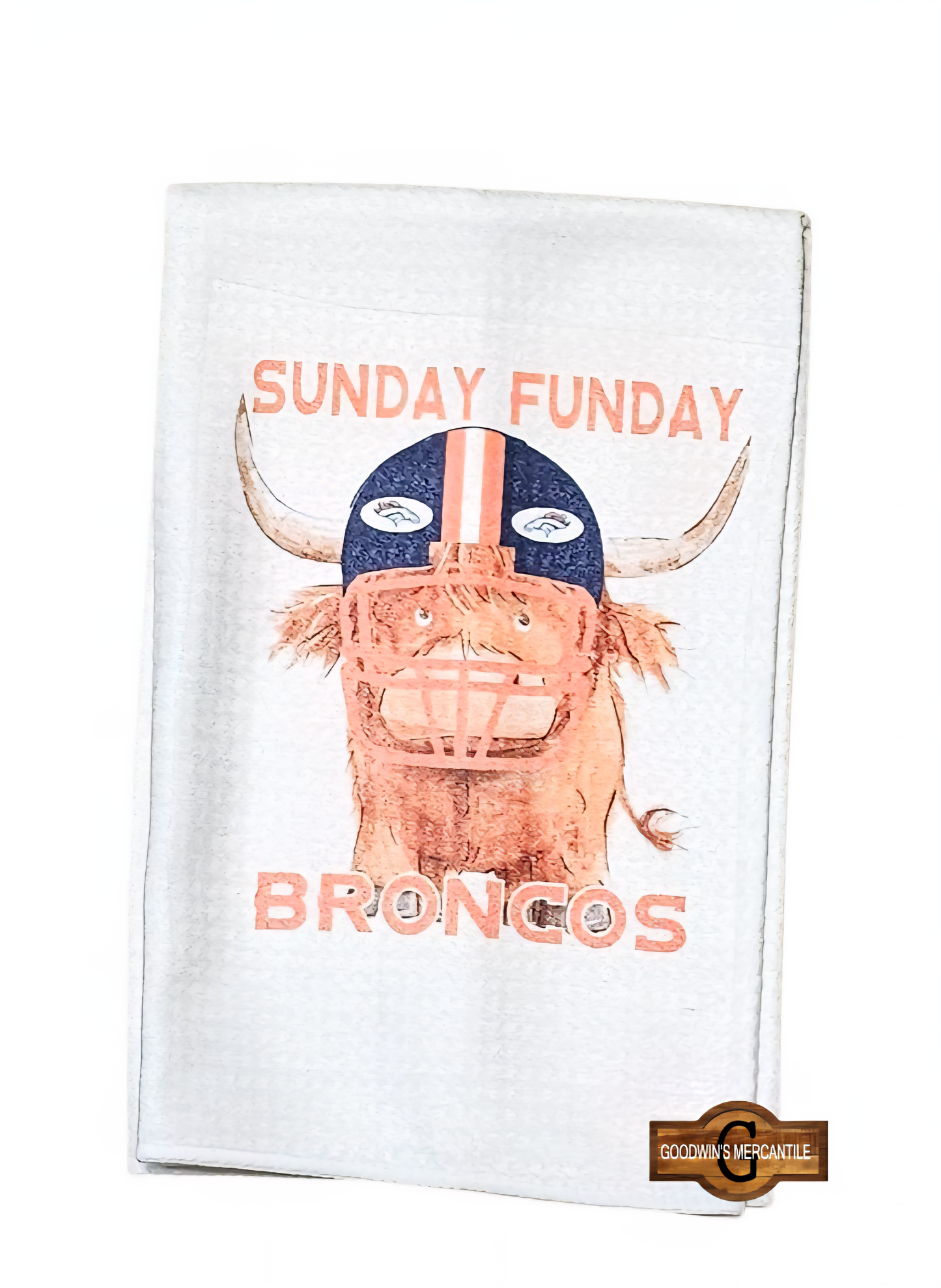 SUNDAY FUNDAY BRONCO OR OTHER TEAM HIGHLAND COW TEA TOWEL