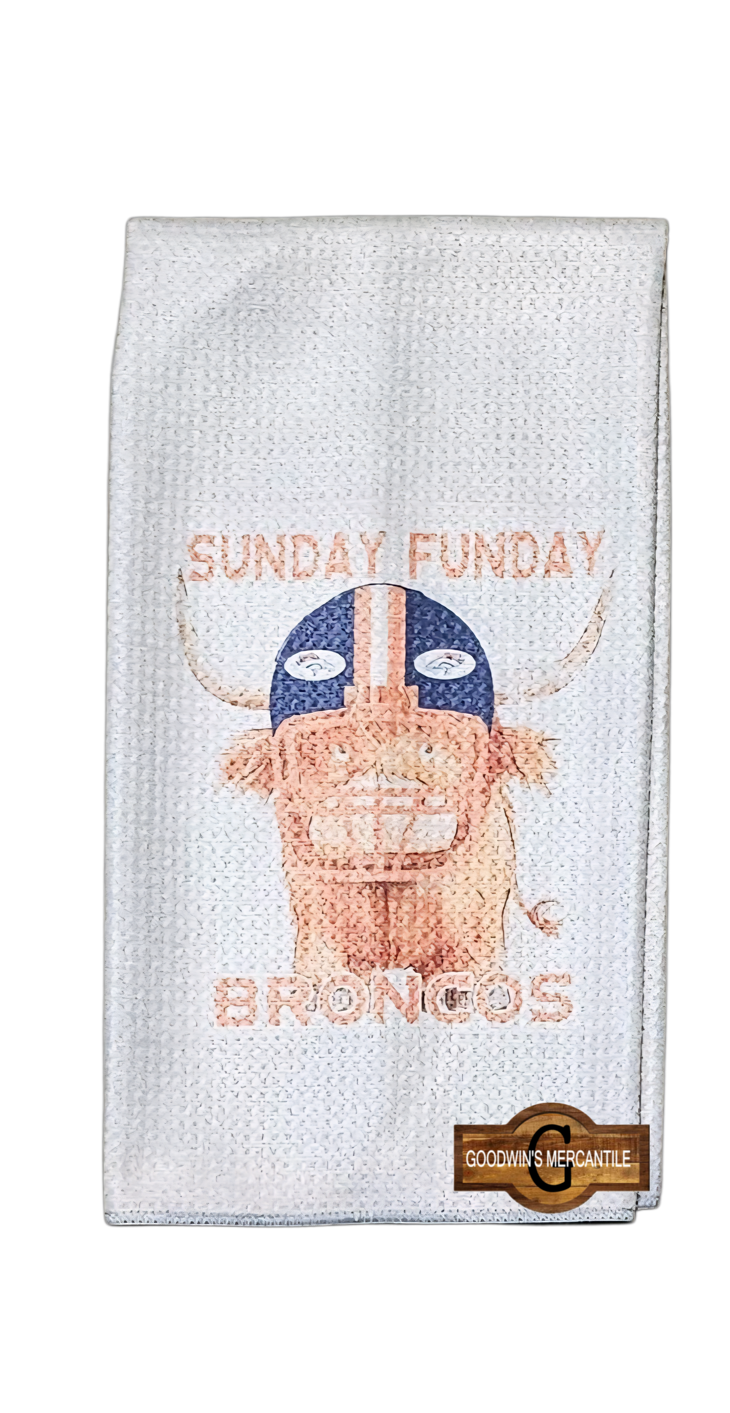 SUNDAY FUNDAY BRONCO OR OTHER TEAM HIGHLAND COW TEA TOWEL