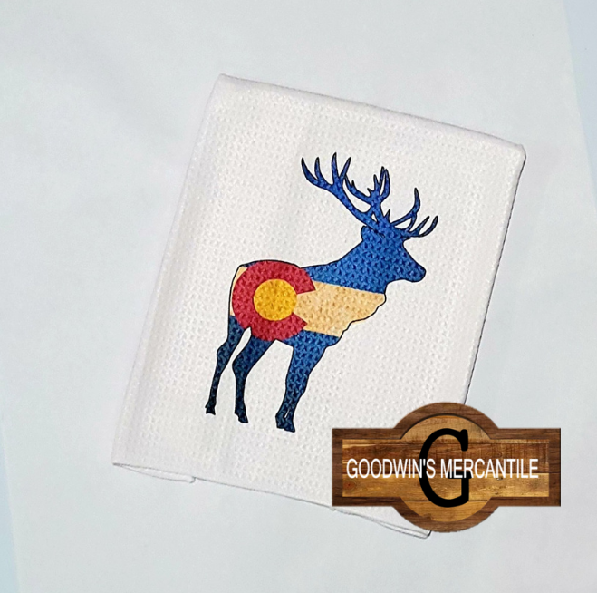 COLORADO FLAG BLENDED WITH ELK PRINTED TEA TOWEL