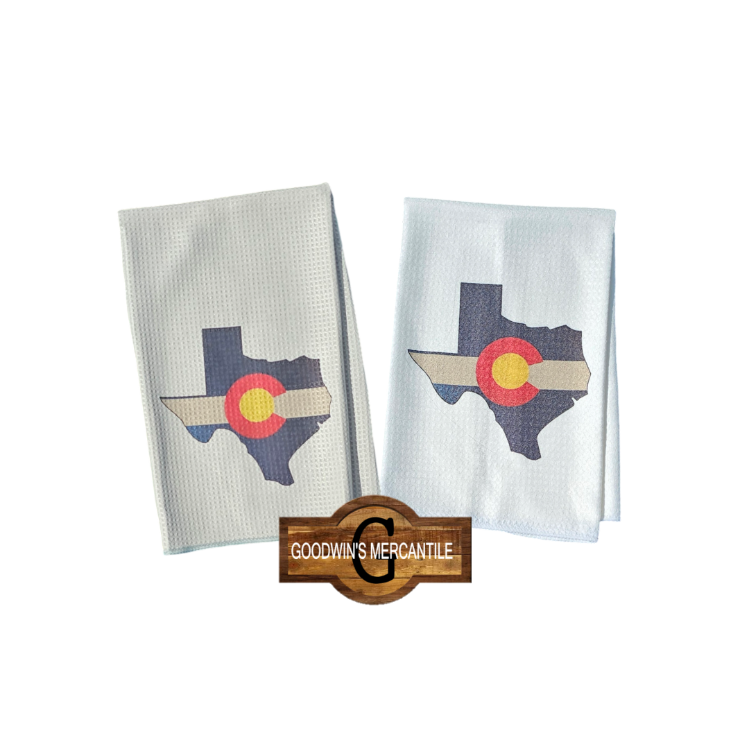 TEXAS SHAPE COLORADO FLAG BLENDED PRINTED TEA TOWEL