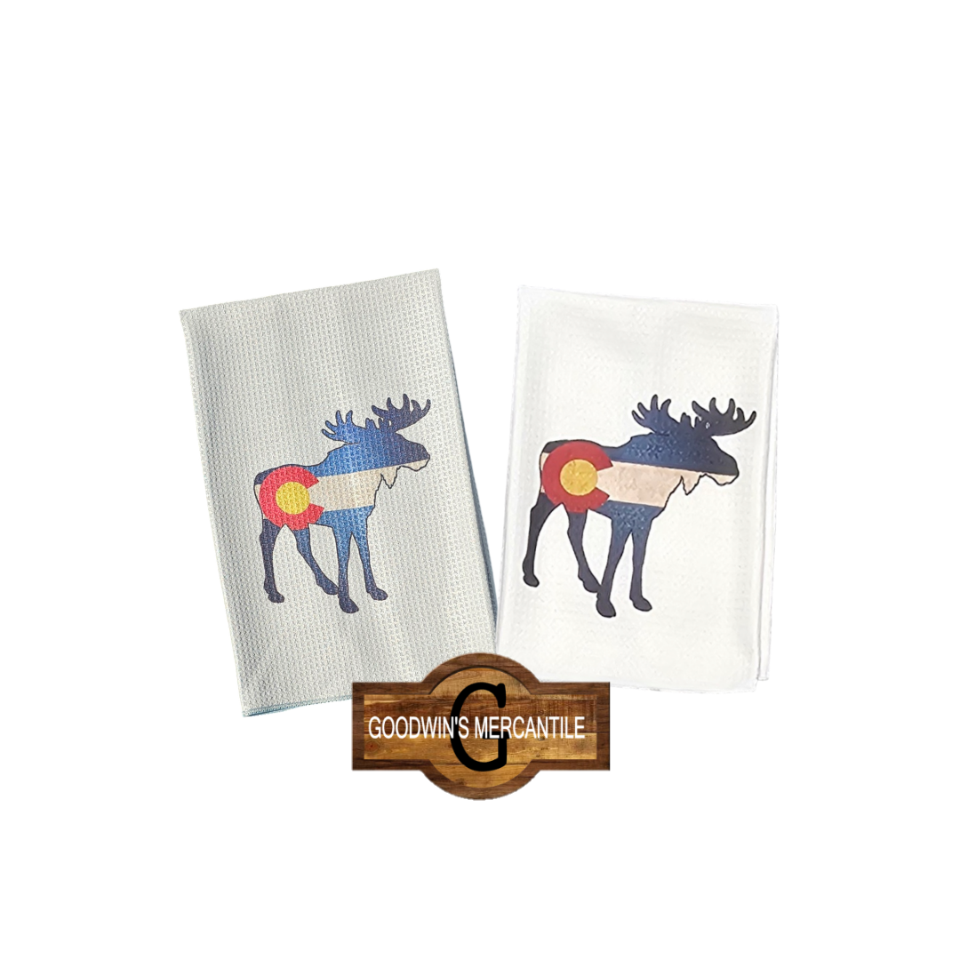 COLORADO FLAG BLENDED MOOSE PRINTED TEA TOWEL