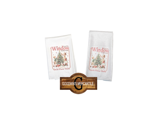 FROM THE WINDOW TO THE WALLS VINTAGE TREE DECORATING PRINTED TEA TOWEL