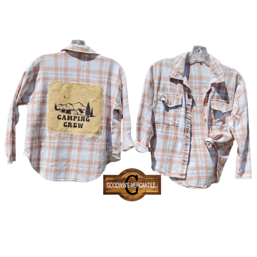 CAMPING CREW UPCYCLED FLANNEL SHACKET SIZE YOUTH L