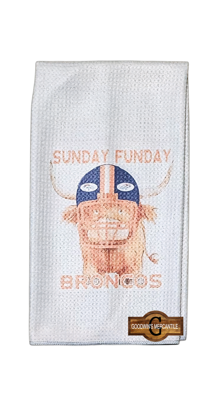 SUNDAY FUNDAY BRONCO OR OTHER TEAM HIGHLAND COW TEA TOWEL