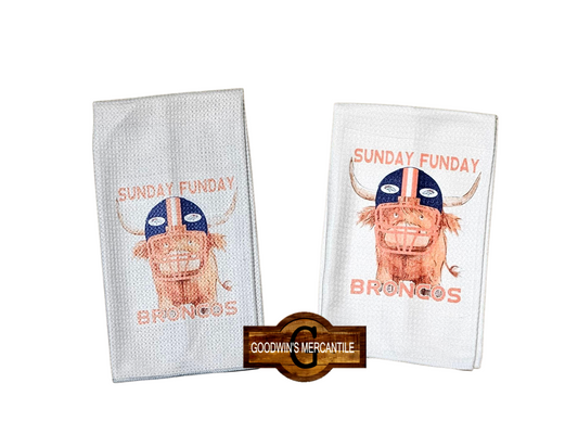 SUNDAY FUNDAY BRONCO OR OTHER TEAM HIGHLAND COW TEA TOWEL