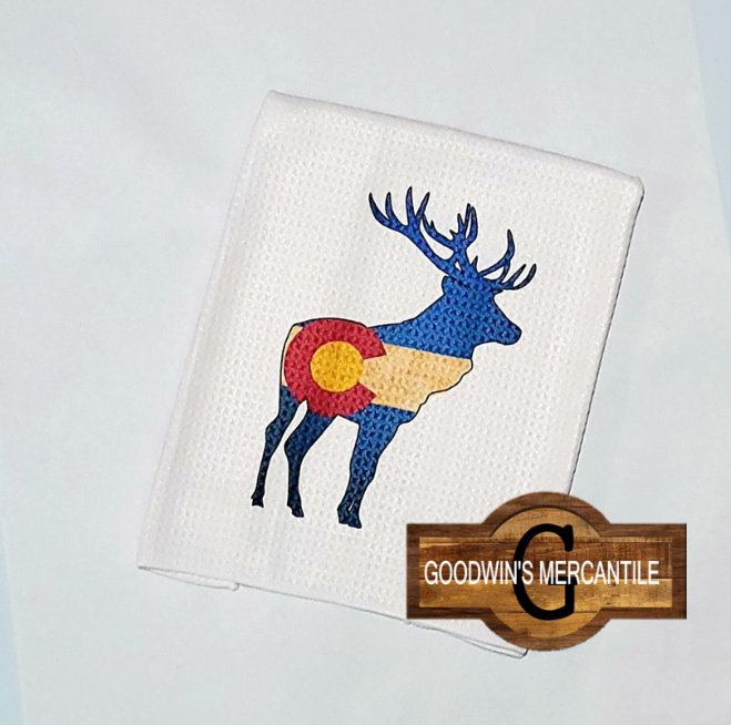 COLORADO FLAG BLENDED WITH ELK  PRINTED TEA TOWEL